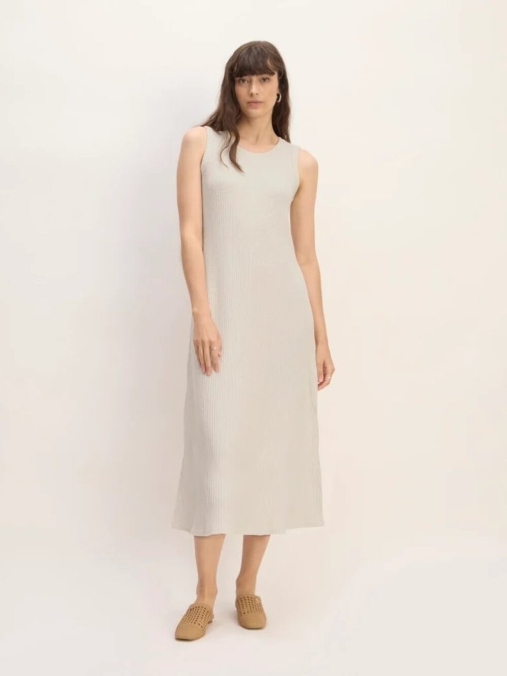 Everlane The Rib-Knit A-Line Tank Dress Sz M Bone Ivory Minimalist Midi Coastal